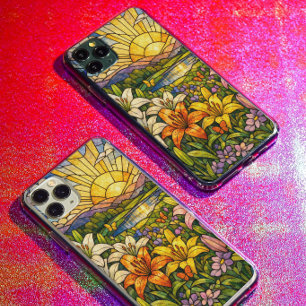 Coque iPhone 15 Pro Vitrail Fleurs de Lys Papillons et Soleil
