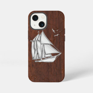 Etui iPhone 13 Mini Voile de bateau chromé sur impression d'acajou mou