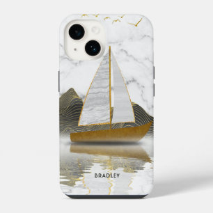 Coque Pour iPhone 14 Voile de yacht moderne et élégant Marbre doré Nom