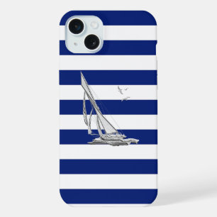 Coque iPhone 15 Plus Voilier Chrome sur rayures marine