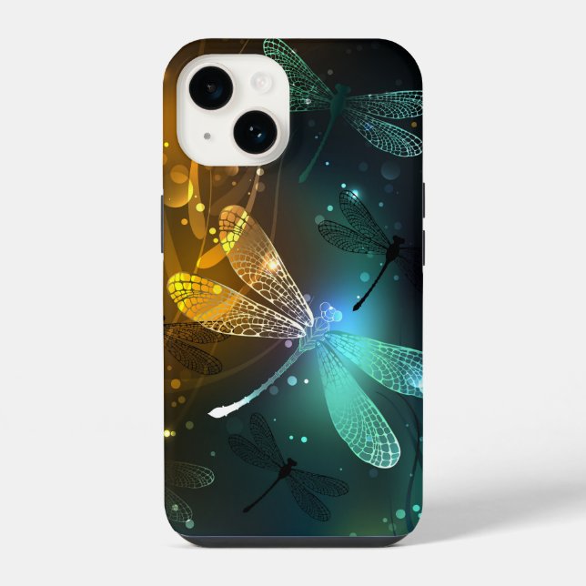 Coque iPhone Vol de libellule lumineuse verte (Verso)