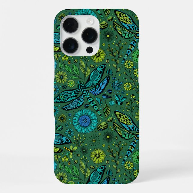 Coque iPhone Voler, voler libellule sur vert émeraude (Verso)