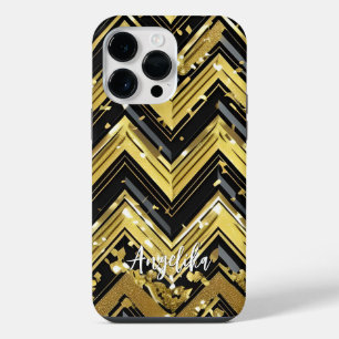Coque Pour Pour iPhone 14 Pro Max Votre nom ici à Chevron Noir et Or