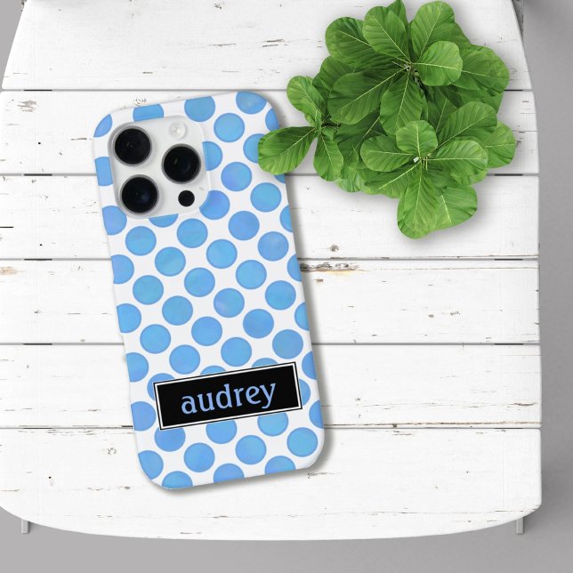 Coque iPhone Votre nom Watercolor Blue Polka Dot Motif (Créateur téléchargé)