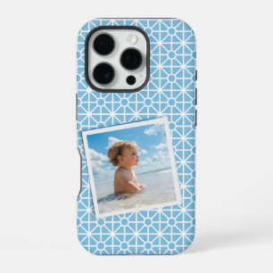 Coque iPhone 16 Pro Votre photo sur un joli motif bleu et blanc