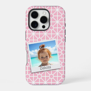 Coque iPhone 16 Pro Votre photo sur un joli motif rose et blanc