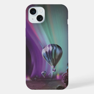 Coque iPhone 15 Plus Voyage sur Jupiter en montgolfière sous les aurore