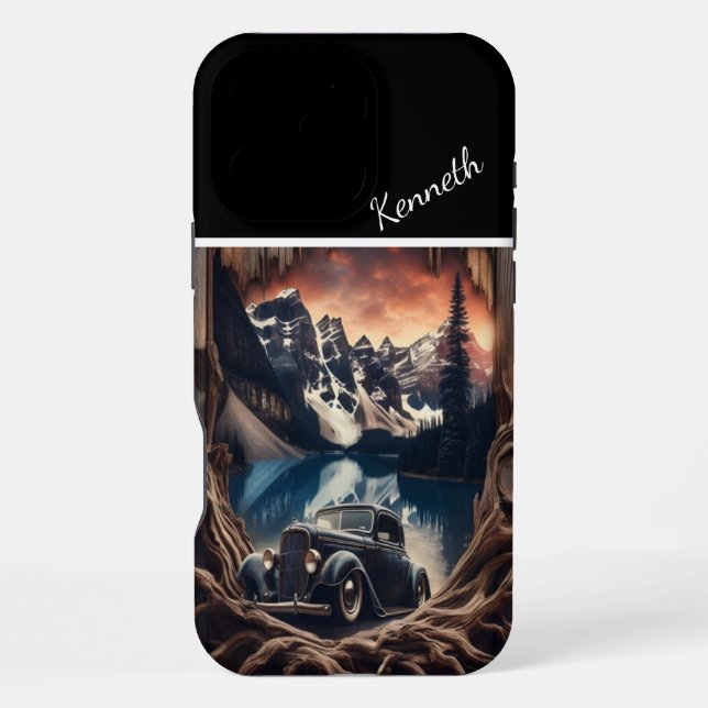 Coque iPhone Vue de montagne à travers le bois (Verso)