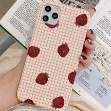 Watercolor Strawberries on Pink Grid - Valentine