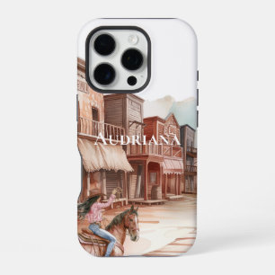 Coque iPhone 16 Pro Western ville fille à cheval