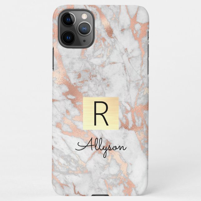Coque iPhone Wh & Rose Gold Marble Gold Box, Nom et Monogramme (Dos)