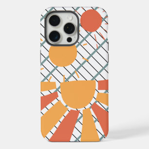 Coque iPhone 15 Pro Max white & black grid Retro red orange Sunset on blue