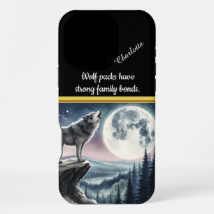 Coque iPhone 16 Pro Max Wolf hurle à pleine lune dans une forêt sereine