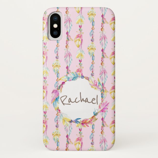 Coque iPhone X Boho plume aquarelle nom de l'art coque rose (Dos)