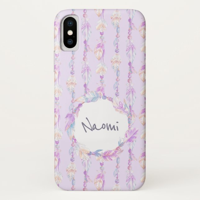 Coque iPhone X Boho plume aquarelle nom de l'art violet coque (Dos)