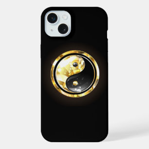 Coque iPhone 15 Plus Yin Yang or en or sur fond noir