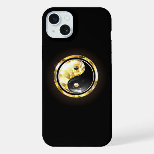 Coque iPhone 15 Plus Yin Yang or en or sur fond noir