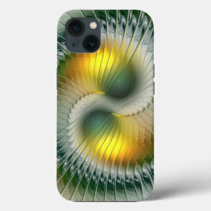 Etui iPhone 13 Yin Yang Vert Jaune Abstrait Fractal Coloré