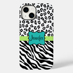 Coque Pour iPhone 14 Zebra Cheetah Leopard Peau Noir Blanc Turquoise No