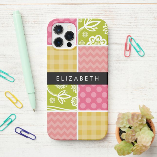 Coque iPhone Zigzag, Chevron, Pois, En vichy, Votre Nom (Sur le bureau)