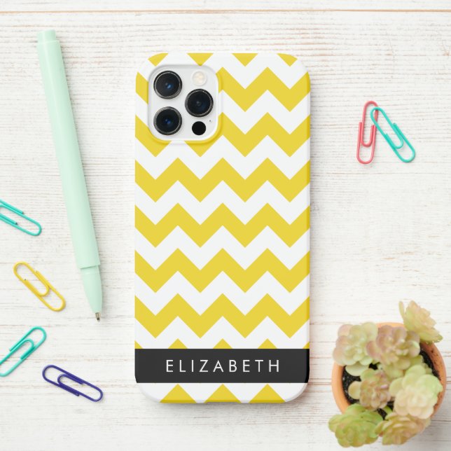 Coque iPhone Zigzag Jaune, Chevron Jaune, Votre Nom (Sur le bureau)