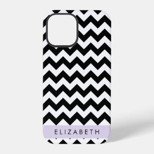 Coque iPhone 12 Pro Zigzag noir et blanc, Motif Chevron, Votre nom