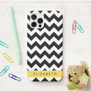 Coque iPhone 12 Pro Zigzag noir et blanc, Motif Chevron, Votre nom