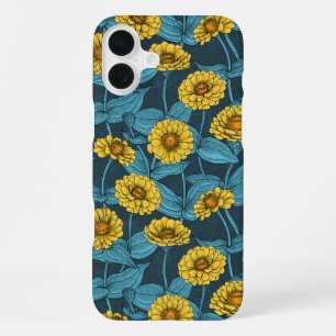Coque iPhone 16 Plus Zinnias jaune sur bleu foncé
