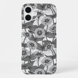 Coque iPhone 16 Plus Zinnias, monochrome sur fond blanc