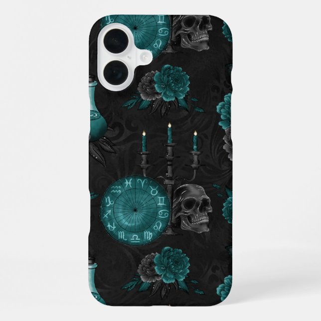 Coque iPhone Zodiac Magie | Turquoise foncé vert crâne gothique (Verso)