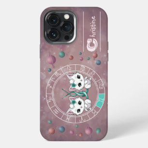 Etui iPhone 13 Pro Max Zodiaque Gémeaux Roue de Chat Mignonne Planète Ast