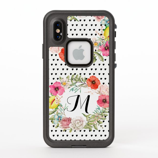 Coque LifeProof Pour iPhone Aquarelle Floral Wreath Monogramme Motif cardiaque (Dos)