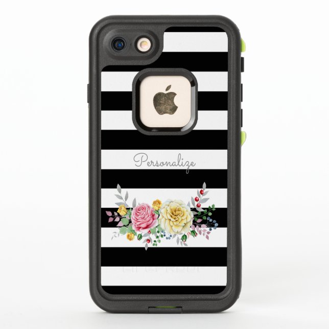 Coque LifeProof Pour iPhone Chic Rose Floral tendance rayures noires et nom (Dos)