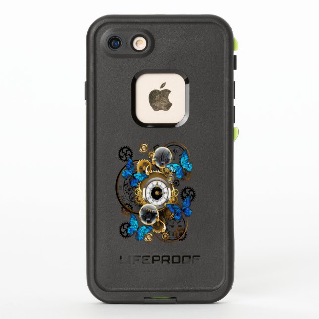 Coque LifeProof Pour iPhone Engrenages à vapeur et papillons bleus (Dos)