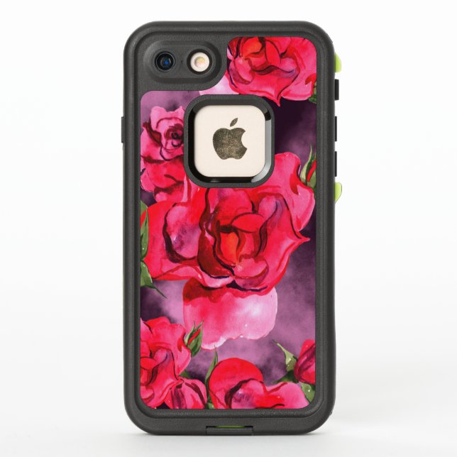 Coque LifeProof Pour iPhone Roses d'aquarelle rouge sur le violet fumé (Dos)