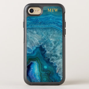 Coque Otterbox Symmetry Pour iPhone 7 Cool Chic Blue Agate Geode Faux Gold Monogramme