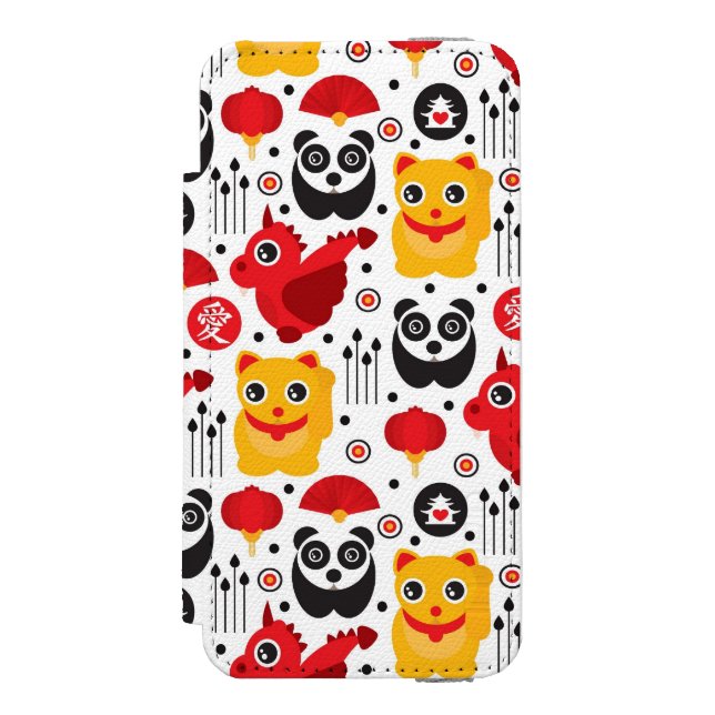 Coque Portefeuille Incipio Pour iPhone Chat, dragon, et panda chanceux de la Chine (Folio Devant)