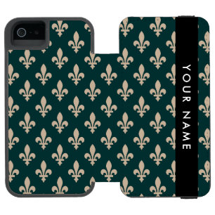 Coque-portefeuille iPhone 5 Incipio Watson™ Fleur de Lis, Beige sur Vert, Royal, Votre Nom