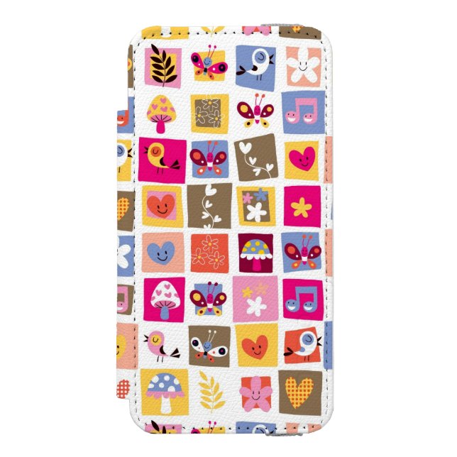 Coque Portefeuille Incipio Pour iPhone fleurs mignonnes, oiseaux, motif de carrés de (Folio Devant)