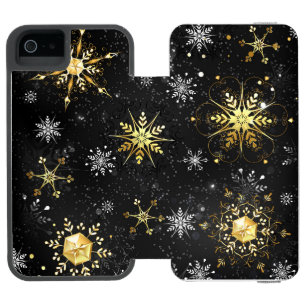 Coque-portefeuille iPhone 5 Incipio Watson™ Flocons de neige dorés de Noël sur fond noir