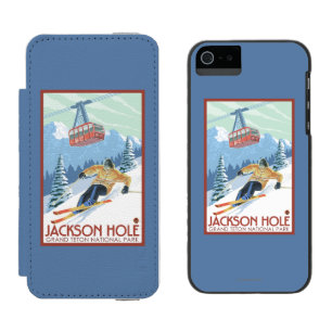 Coque-portefeuille iPhone 5 Incipio Watson™ Jackson Hole, skieur du Wyoming et tram