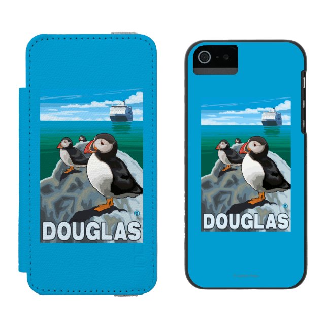 Coque Portefeuille Incipio Pour iPhone Macareux et bateau de croisière - Douglas, Alaska (Côté par côté)