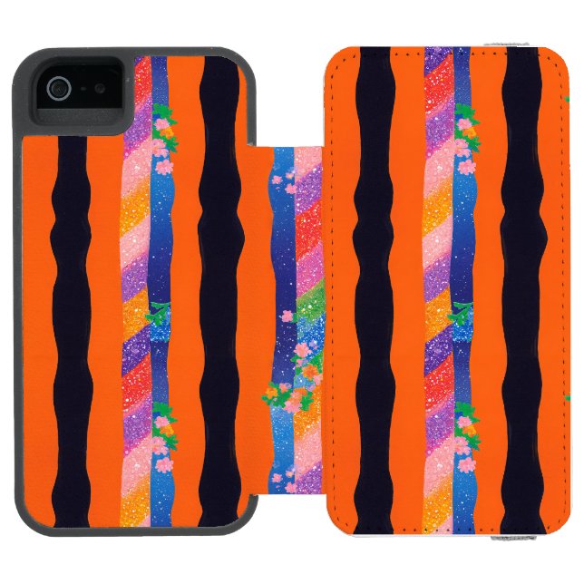 Coque Portefeuille Incipio Pour iPhone Motif à rayures ondulées florales orange (Folio Ouvert)
