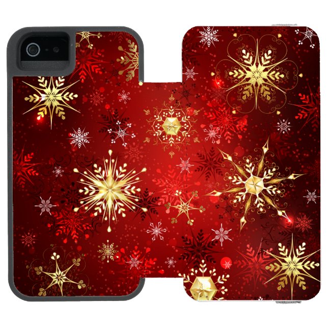 Coque Portefeuille Incipio Pour iPhone Noël Golden Snowflakes sur Arrière - plan rouge (Folio Ouvert)