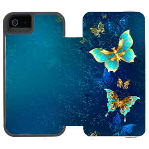 Coque-portefeuille iPhone 5 Incipio Watson™ Papillons d'or sur un Arrière - plan bleu