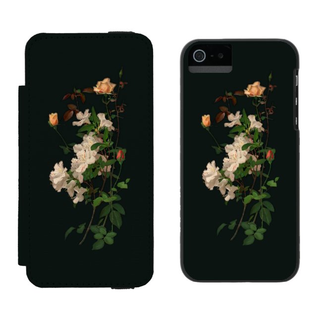 Coque Portefeuille Incipio Pour iPhone Spray vintage de fleurs sur noir (Côté par côté)