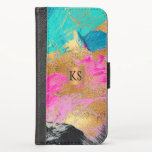 Abstraite peinture acrylique cuivre or monogrammed<br><div class="desc">Tendance moderne glamour carrelé abstraite toile peinte en gras turquoise turquoise, bleu, rose chaud, faux or et noir faisant un élégant porte-monnaie téléphone avec un faux carré géométrique en cuivre monogrammé d'or métallique pour un maquilleur | WEDDING PLANNER | coiffeuse | styliste de mode | décorateur intérieur | concepteur |...</div>