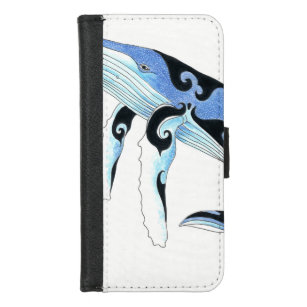 Coque Portefeuille Pour iPhone 8/7 Esprit tribal de baleine à bosse Bleu Art