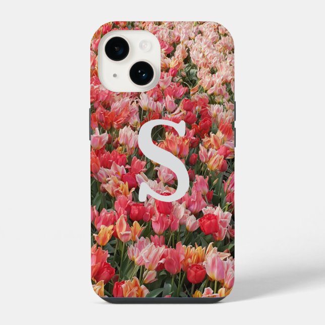 Coque Pour iPhone 14 Coque iphone de fleurs de tulipe rose monogramme (Verso)