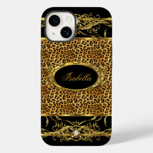 Coque Pour iPhone 14 Elégant Classy Gold Leopard Black